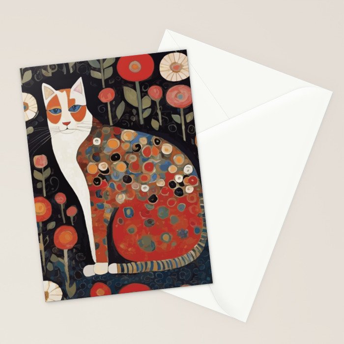 Klimt Calico Cat in a Garden of Abstract Flowers Stationery Card Gallery Image 2