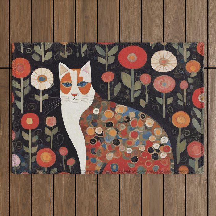 Klimt Calico Cat in a Garden of Abstract Flowers Outdoor Rug Gallery Image 1