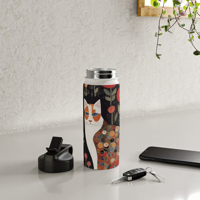 Klimt Calico Cat in a Garden of Abstract Flowers Water Bottle Gallery Image 4