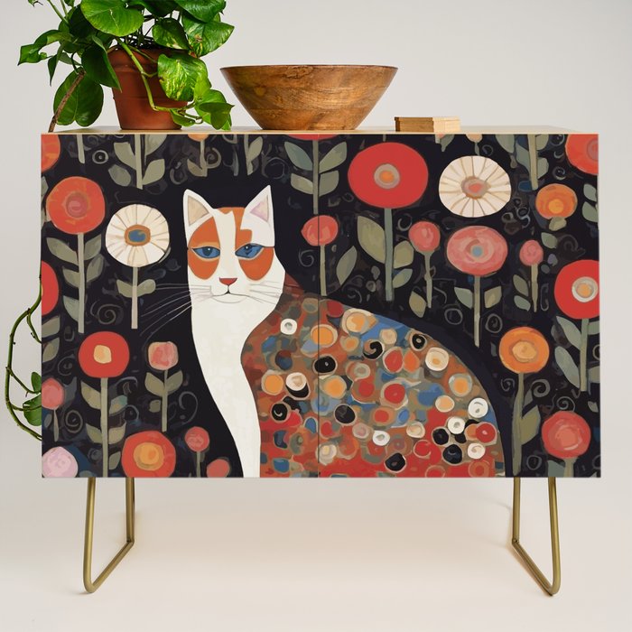 Klimt Calico Cat in a Garden of Abstract Flowers Credenza Gallery Image 1