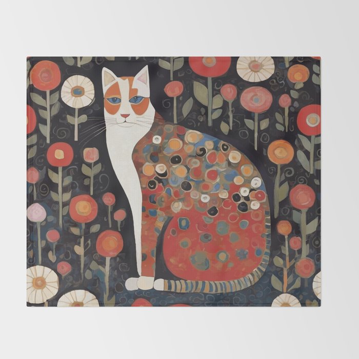 Klimt Calico Cat in a Garden of Abstract Flowers Throw Blanket Gallery Image 2