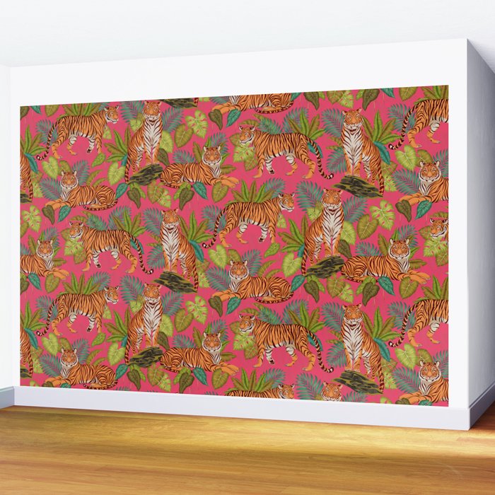 Tropical Tigers In Hot Pink Wall Mural Gallery Image 2