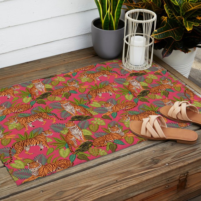 Tropical Tigers In Hot Pink Outdoor Rug Gallery Image 2