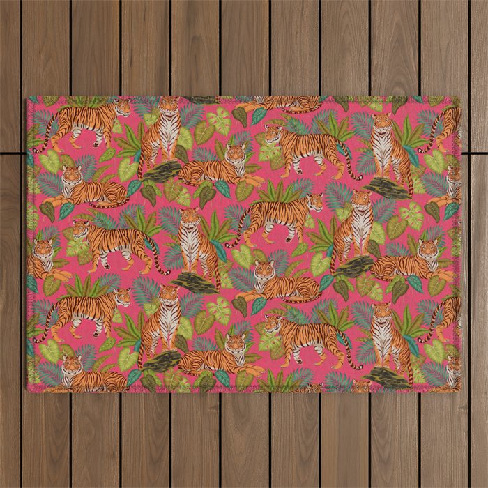 Tropical Tigers In Hot Pink Outdoor Rug Gallery Image 1