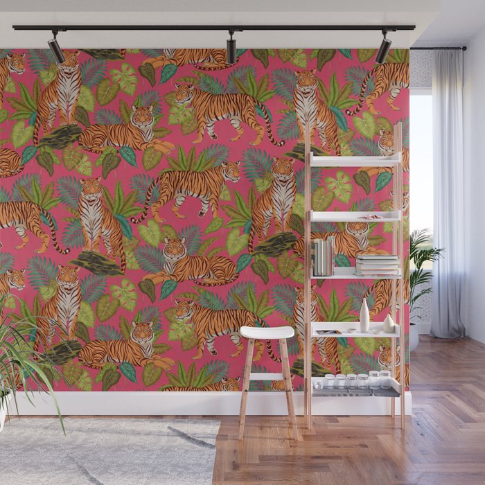 Tropical Tigers In Hot Pink Wall Mural Gallery Image 1