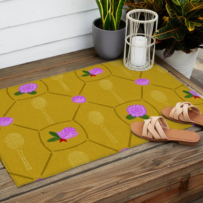 Tennis Rackets & Roses in Ochre & Purple Outdoor Rug Gallery Image 2