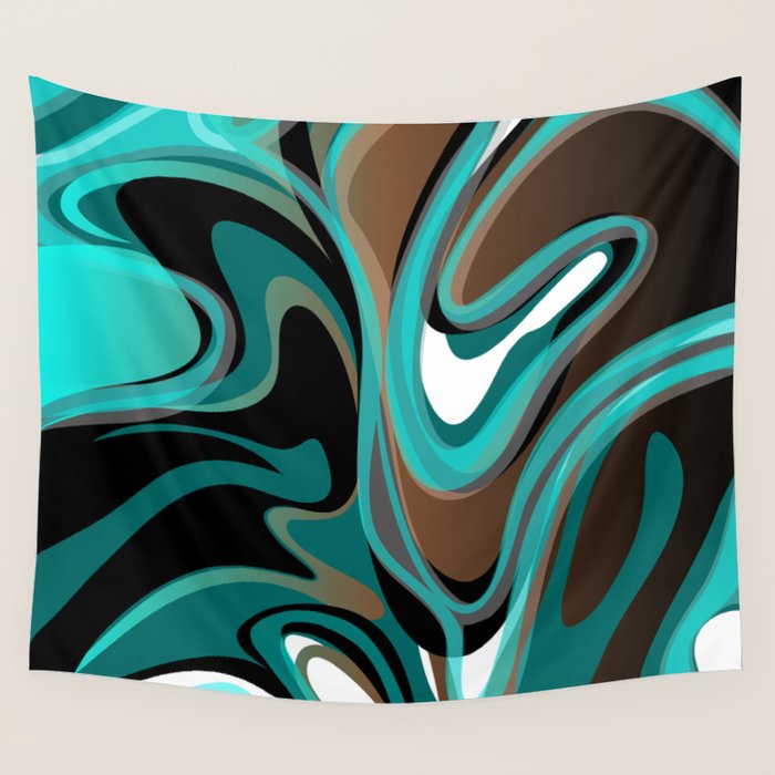 Liquify - Brown, Turquoise, Teal, Black, White Wall Tapestry Gallery Image 4
