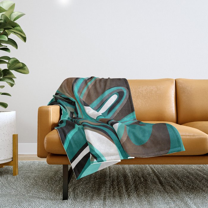 Liquify - Brown, Turquoise, Teal, Black, White Throw Blanket Gallery Image 1