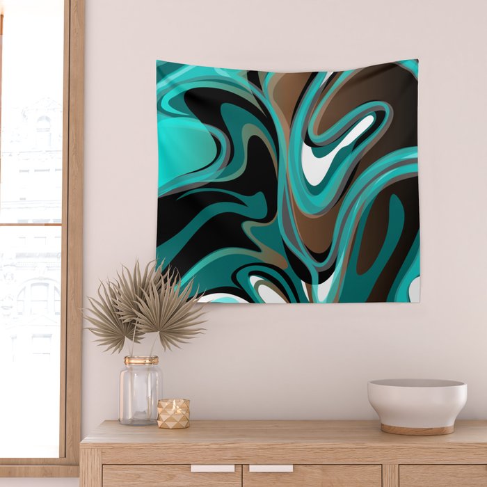 Liquify - Brown, Turquoise, Teal, Black, White Wall Tapestry Gallery Image 2
