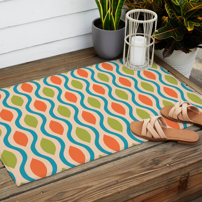 Mid Century Modern Style 336 Orange Turquoise and Olive Green Outdoor Rug Gallery Image 2