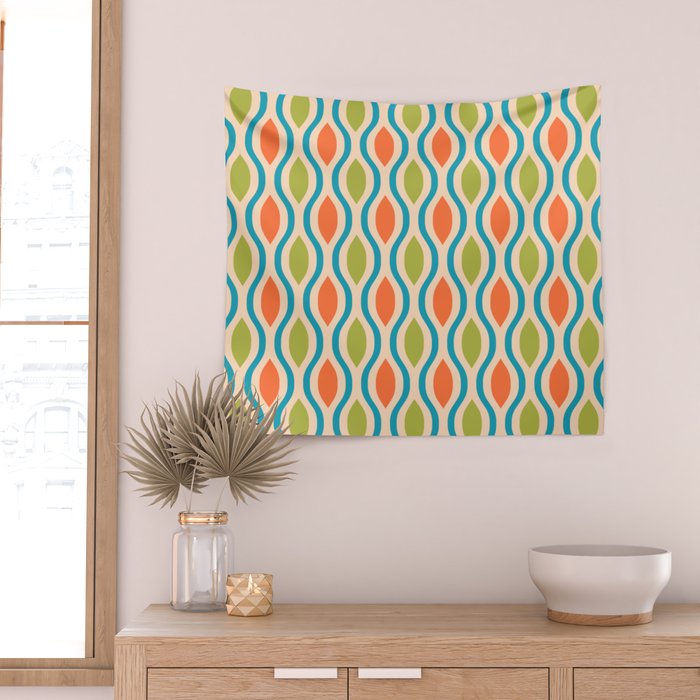 Mid Century Modern Style 336 Orange Turquoise and Olive Green Wall Tapestry Gallery Image 2