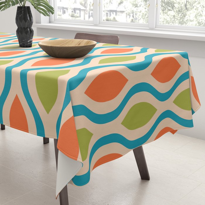 Mid Century Modern Style 336 Orange Turquoise and Olive Green Tablecloth Gallery Image 3