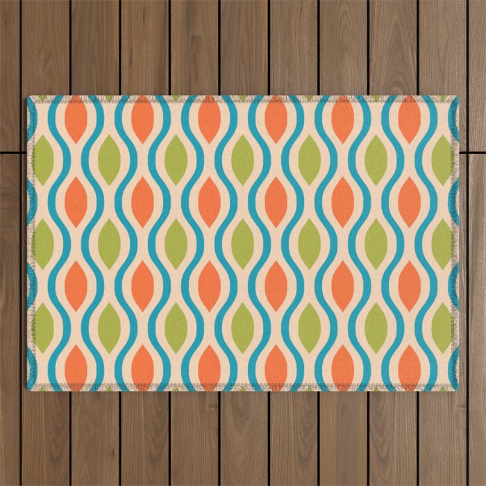 Mid Century Modern Style 336 Orange Turquoise and Olive Green Outdoor Rug Gallery Image 1