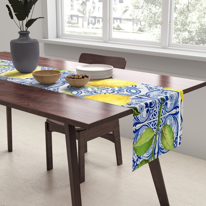 Portuguese Vintage Summer  Blue Tiles And Lemons Table Runner Gallery Image 2