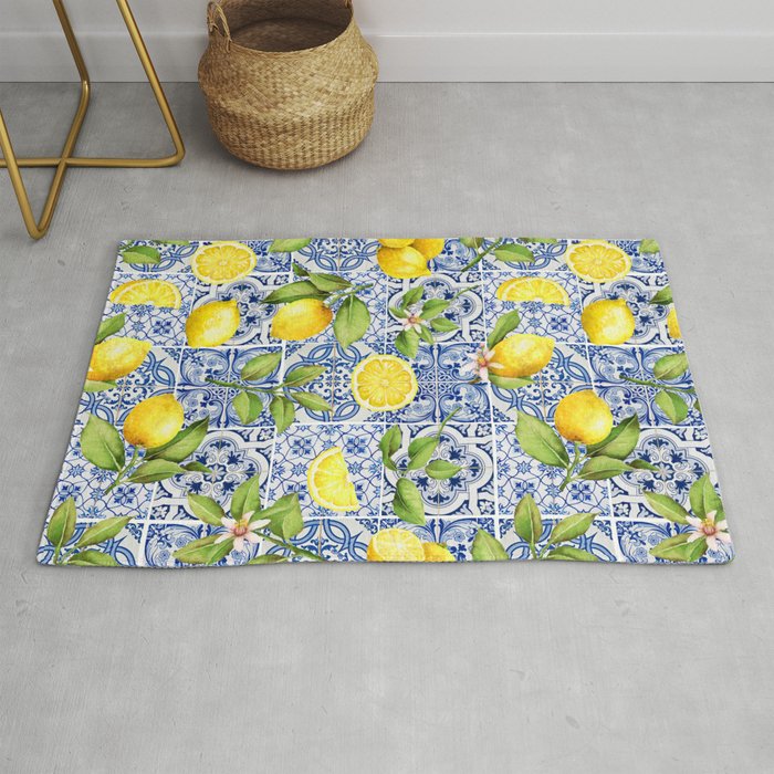 Portuguese Vintage Summer  Blue Tiles And Lemons Rug Gallery Image 1