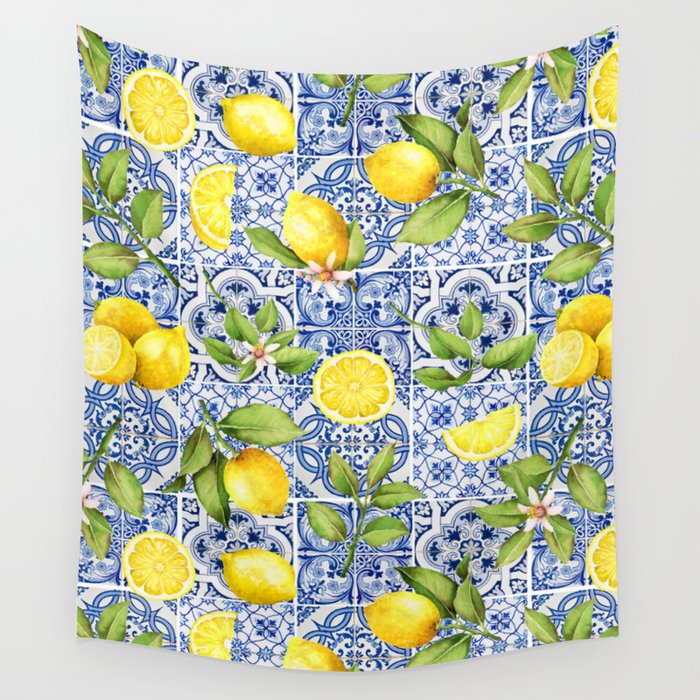 Portuguese Vintage Summer  Blue Tiles And Lemons Wall Tapestry Gallery Image 4