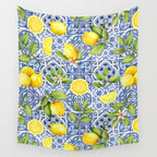 Portuguese Vintage Summer  Blue Tiles And Lemons Wall Tapestry Gallery Image 4