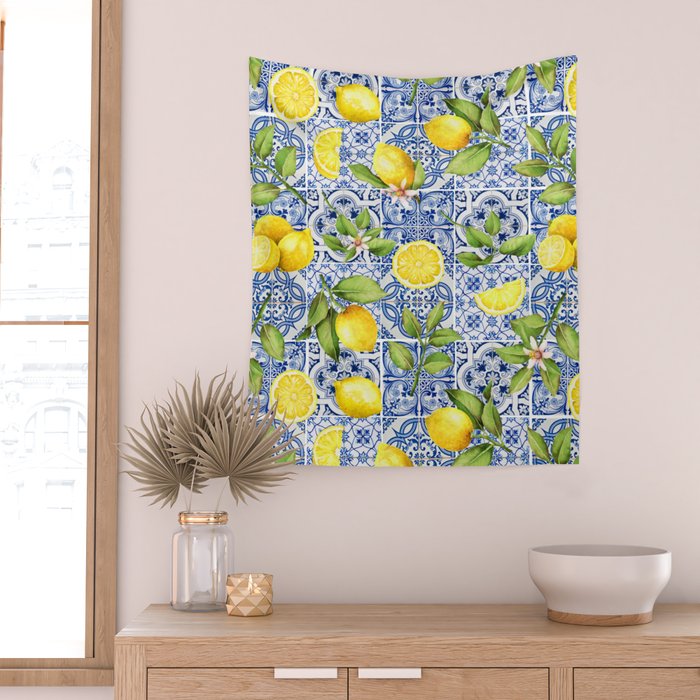 Portuguese Vintage Summer  Blue Tiles And Lemons Wall Tapestry Gallery Image 2