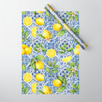 Portuguese Vintage Summer  Blue Tiles And Lemons Wrapping Paper Gallery Image 1
