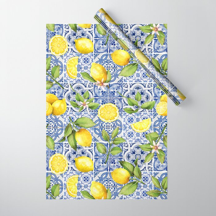 Portuguese Vintage Summer  Blue Tiles And Lemons Wrapping Paper Gallery Image 1