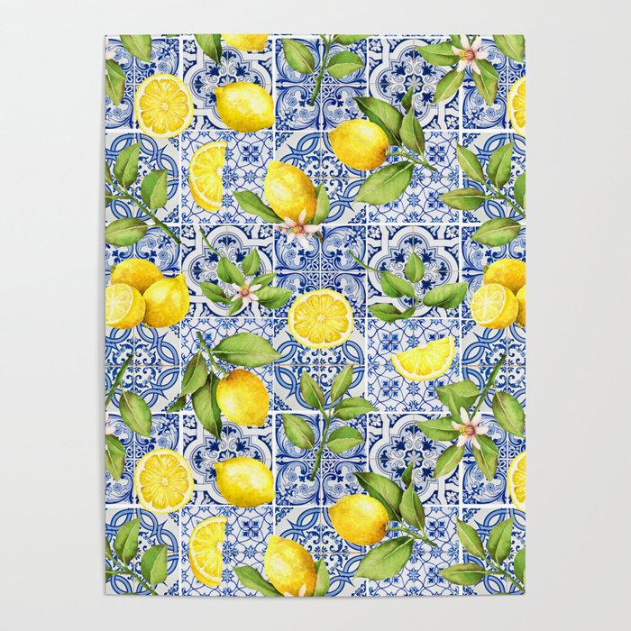 Portuguese Vintage Summer  Blue Tiles And Lemons Poster Gallery Image 4