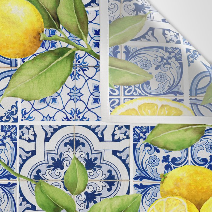 Portuguese Vintage Summer  Blue Tiles And Lemons Wall Tapestry Gallery Image 3