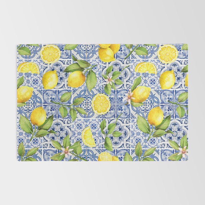 Portuguese Vintage Summer  Blue Tiles And Lemons Rug Gallery Image 2