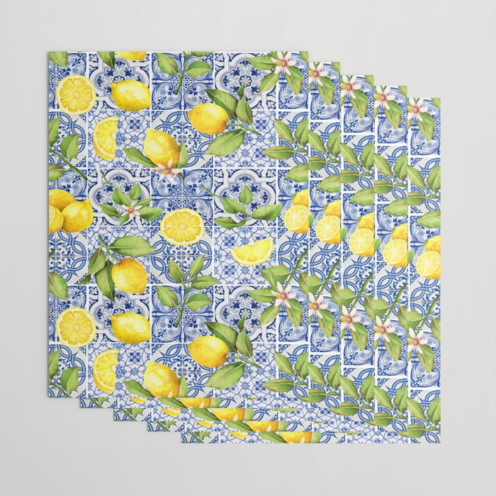 Portuguese Vintage Summer  Blue Tiles And Lemons Wrapping Paper Gallery Image 3