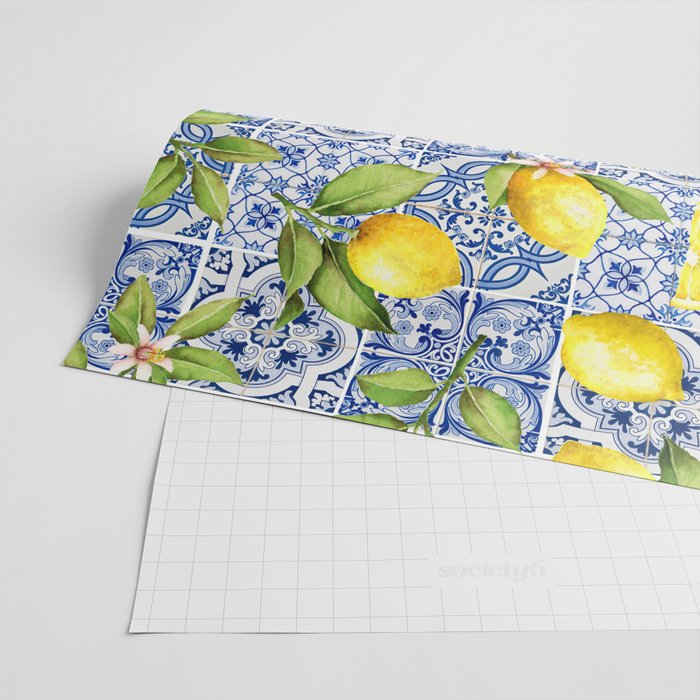 Portuguese Vintage Summer  Blue Tiles And Lemons Wrapping Paper Gallery Image 2