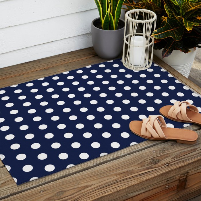 Navy Blue Polka Dots Minimalist Line Drawing Outdoor Rug Gallery Image 2