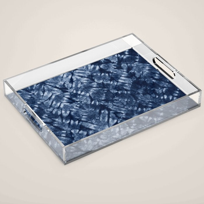 Indigo Blue Shibori Tie Dye, Boho Art Acrylic Tray Gallery Image 1