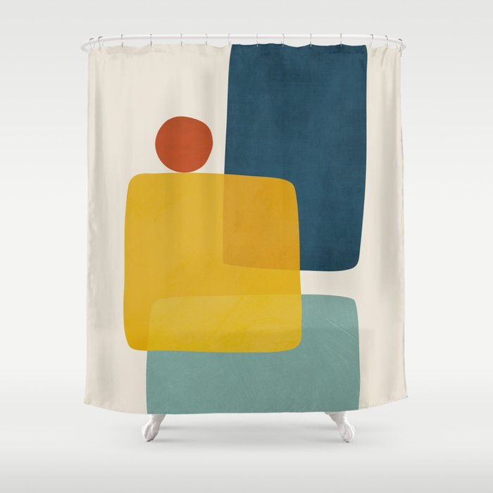 MCM Abstract Shapes Navy Mustard Red I Shower Curtain Gallery Image 1