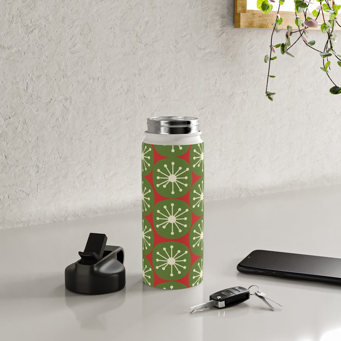 Atomic Christmas Dots in Retro Green, Cream, and Xmas Red  Water Bottle Gallery Image 4