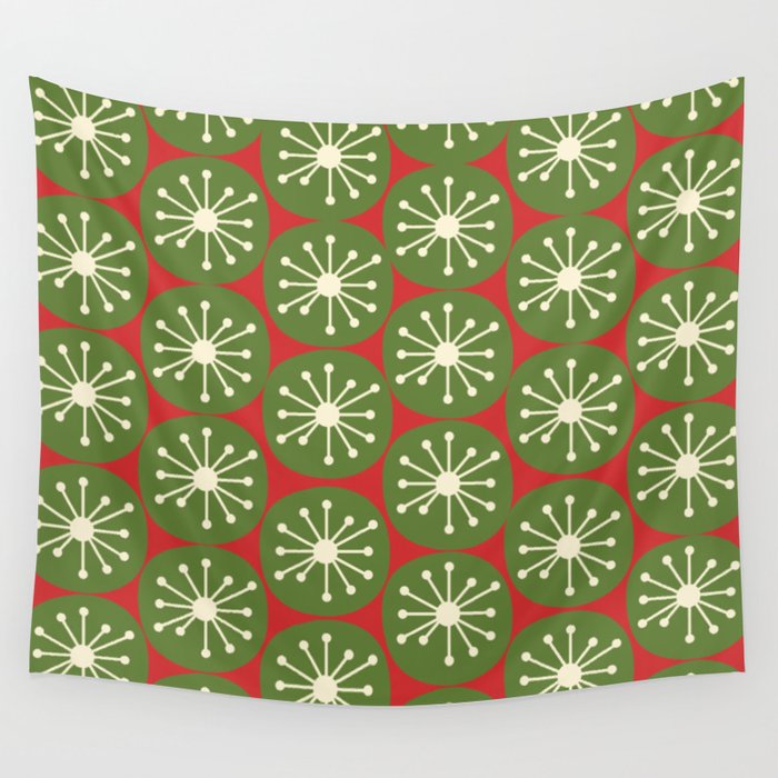 Atomic Christmas Dots in Retro Green, Cream, and Xmas Red  Wall Tapestry Gallery Image 4