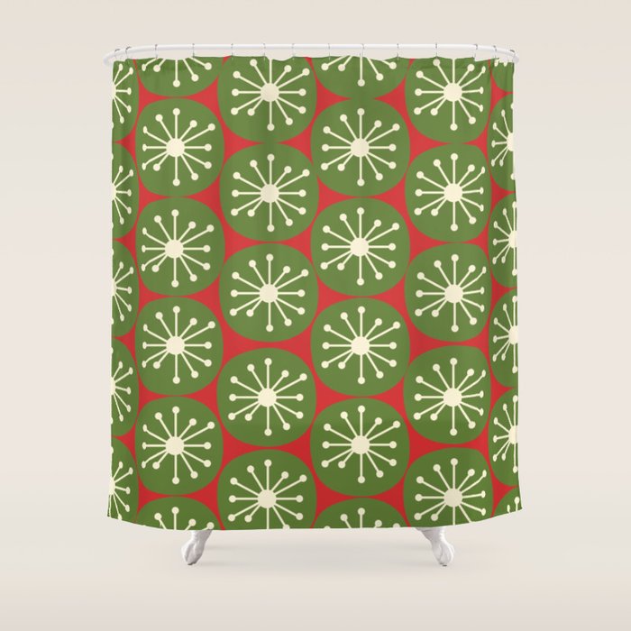 Atomic Christmas Dots in Retro Green, Cream, and Xmas Red  Shower Curtain Gallery Image 1