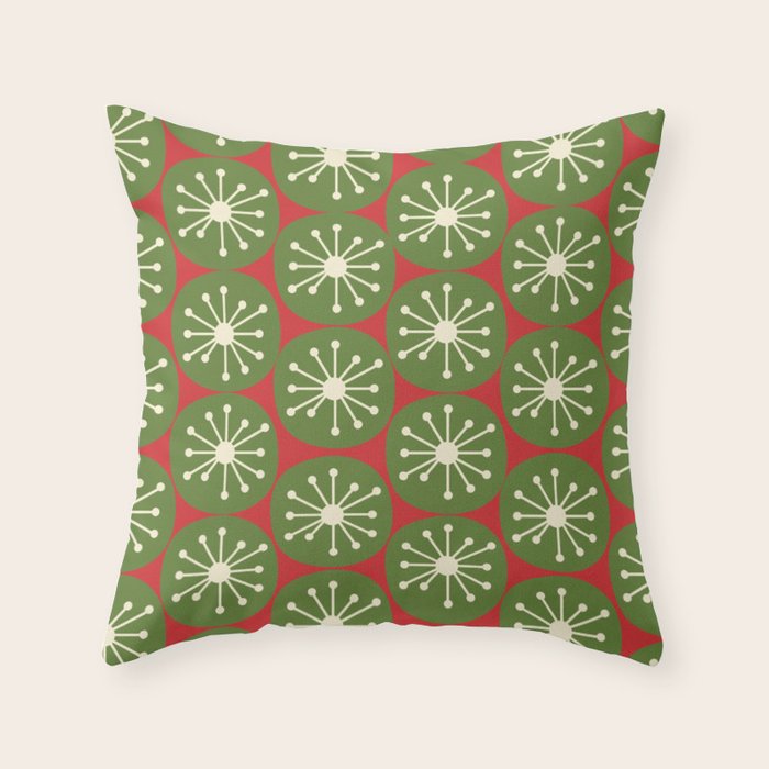 Atomic Christmas Dots in Retro Green, Cream, and Xmas Red  Throw Pillow Gallery Image 1