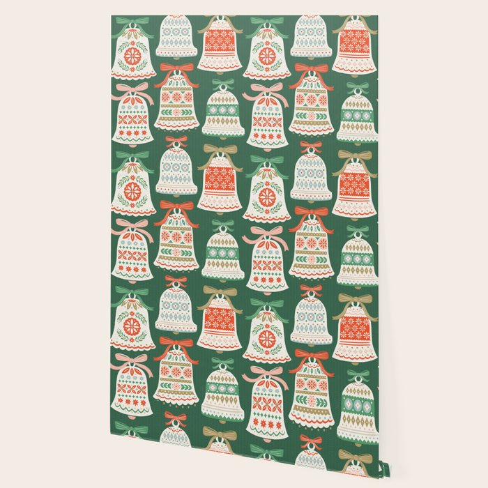 Folk Art Holiday Bells - Forest Green Wallpaper Gallery Image 2