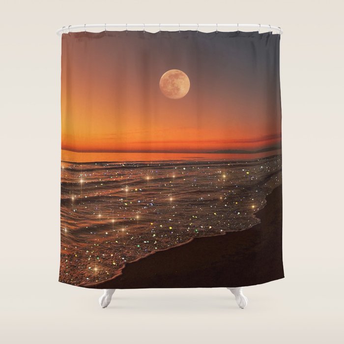 SUNSET WITH A FULL MOON | collage | nature | warm | ocean | sea | glitter | glow | waves | sky bling Shower Curtain Gallery Image 1