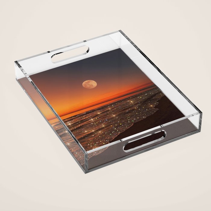 SUNSET WITH A FULL MOON | collage | nature | warm | ocean | sea | glitter | glow | waves | sky bling Acrylic Tray Gallery Image 1