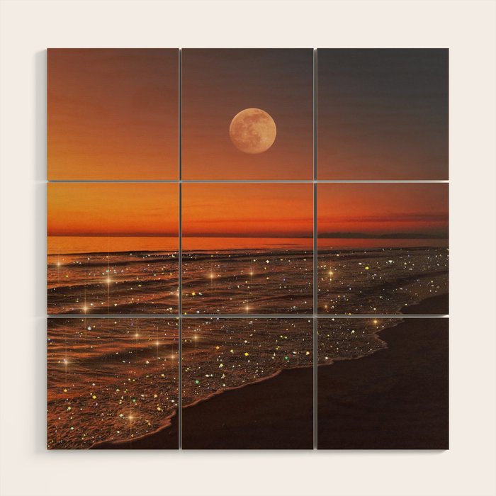 SUNSET WITH A FULL MOON | collage | nature | warm | ocean | sea | glitter | glow | waves | sky bling Wood Wall Art Gallery Image 1