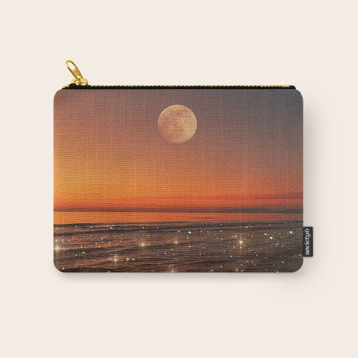 SUNSET WITH A FULL MOON | collage | nature | warm | ocean | sea | glitter | glow | waves | sky bling Carry All Pouch Gallery Image 1