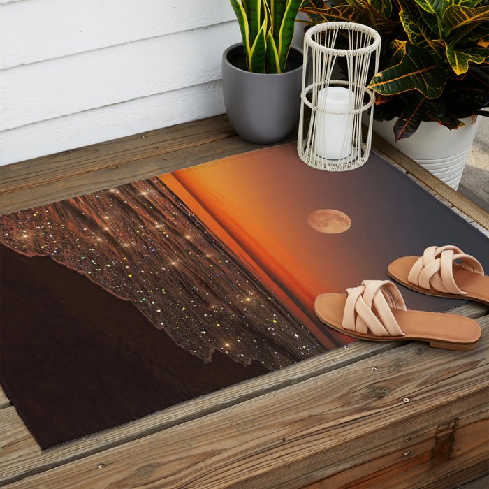 SUNSET WITH A FULL MOON | collage | nature | warm | ocean | sea | glitter | glow | waves | sky bling Outdoor Rug Gallery Image 2