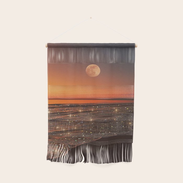 SUNSET WITH A FULL MOON | collage | nature | warm | ocean | sea | glitter | glow | waves | sky bling Wall Hanging Gallery Image 1