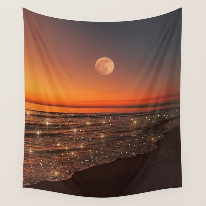SUNSET WITH A FULL MOON | collage | nature | warm | ocean | sea | glitter | glow | waves | sky bling Wall Tapestry Gallery Image 4
