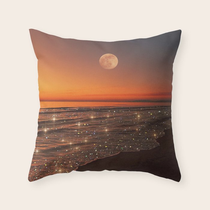 SUNSET WITH A FULL MOON | collage | nature | warm | ocean | sea | glitter | glow | waves | sky bling Throw Pillow Gallery Image 6
