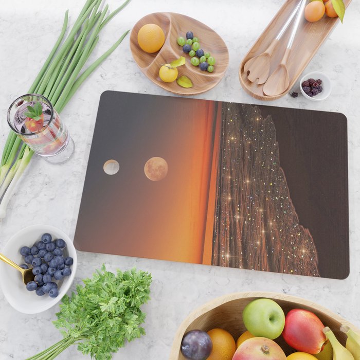 SUNSET WITH A FULL MOON | collage | nature | warm | ocean | sea | glitter | glow | waves | sky bling Cutting Board Gallery Image 2