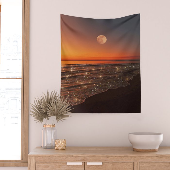 SUNSET WITH A FULL MOON | collage | nature | warm | ocean | sea | glitter | glow | waves | sky bling Wall Tapestry Gallery Image 2
