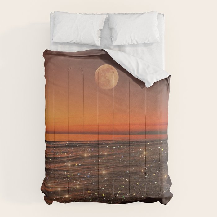 SUNSET WITH A FULL MOON | collage | nature | warm | ocean | sea | glitter | glow | waves | sky bling Comforter Gallery Image 6