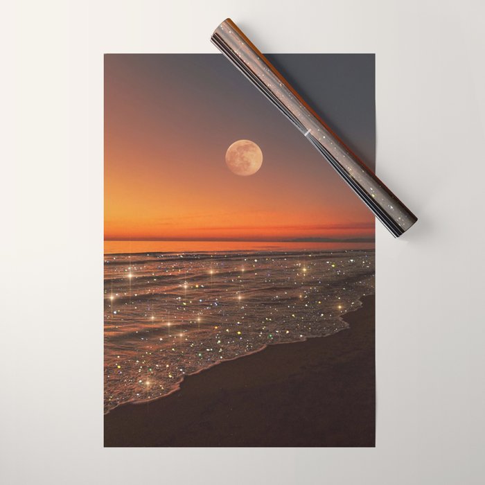 SUNSET WITH A FULL MOON | collage | nature | warm | ocean | sea | glitter | glow | waves | sky bling Wrapping Paper Gallery Image 1