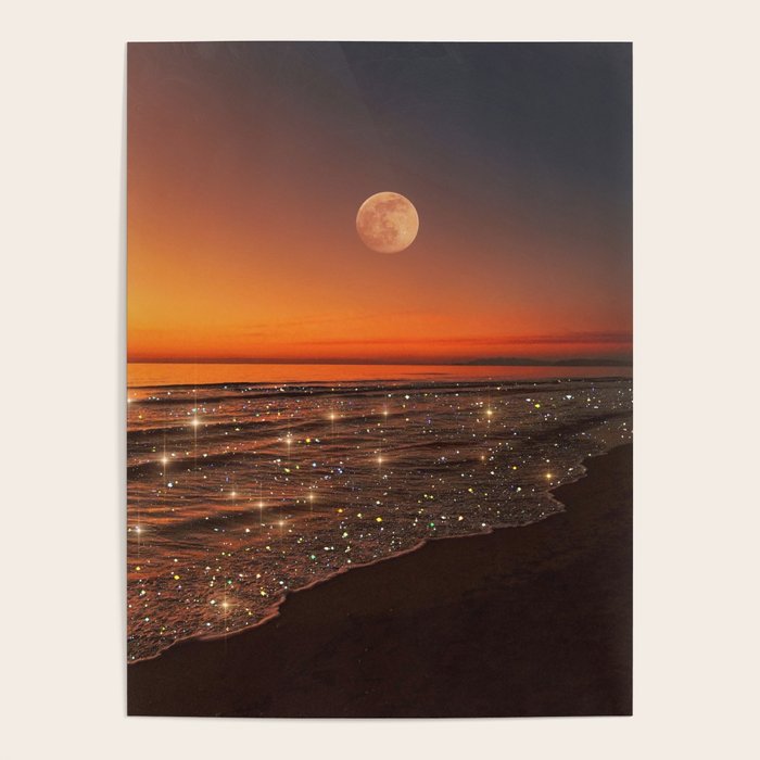 SUNSET WITH A FULL MOON | collage | nature | warm | ocean | sea | glitter | glow | waves | sky bling Poster Gallery Image 1